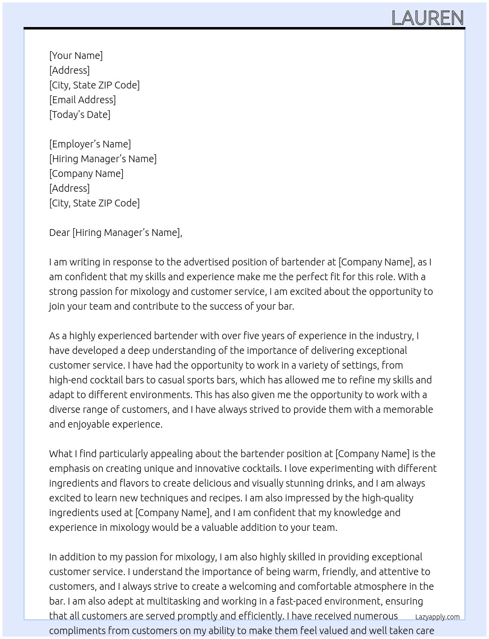 bartender At bar Cover Letter