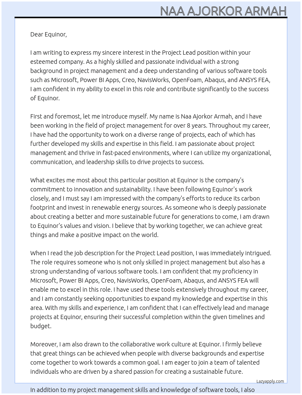 Project Lead At Equinor Cover Letter