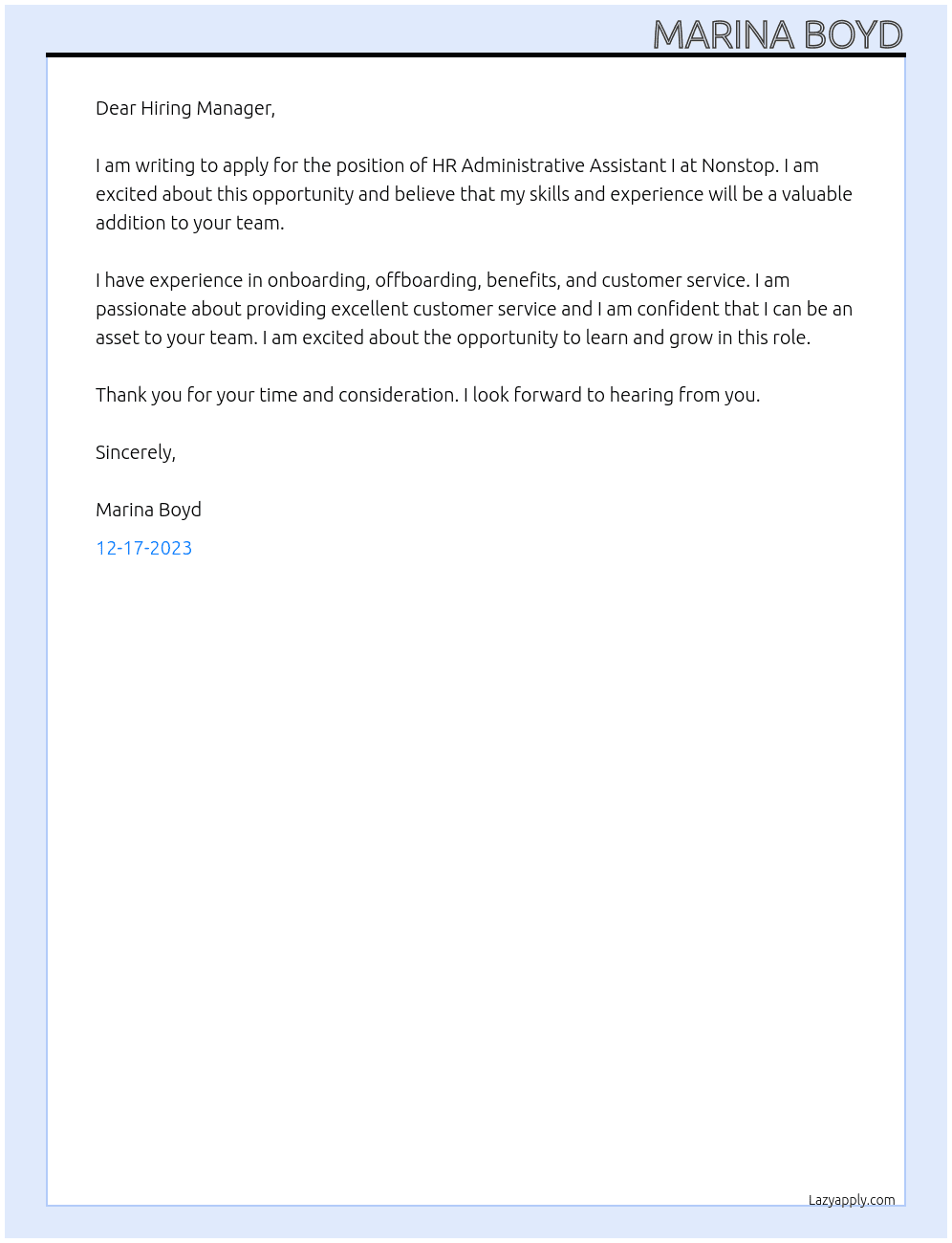 HR Administrative Assistant I  At Nonstop Cover Letter