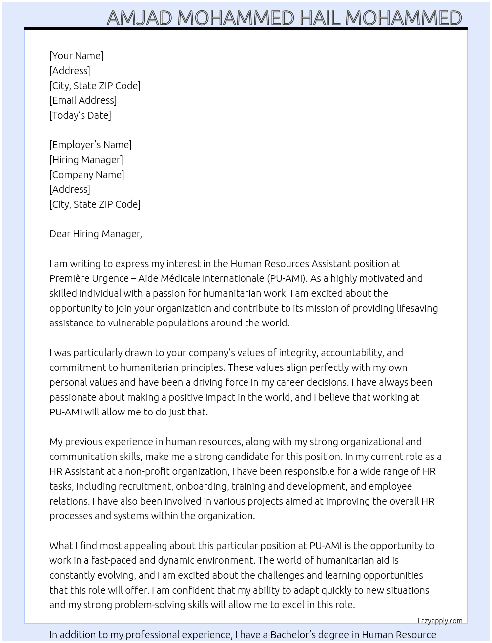 Human Resources Assistant  At Première Urgence - Aide Médicale Internationale (PU-AMI)  Cover Letter