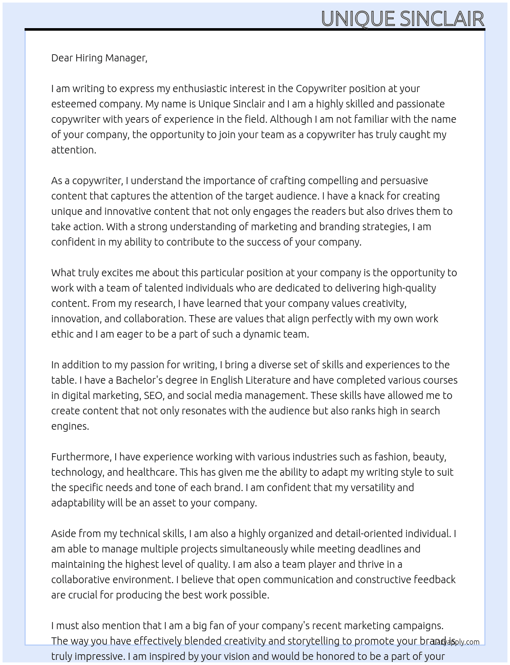 copywriter At unknown Cover Letter