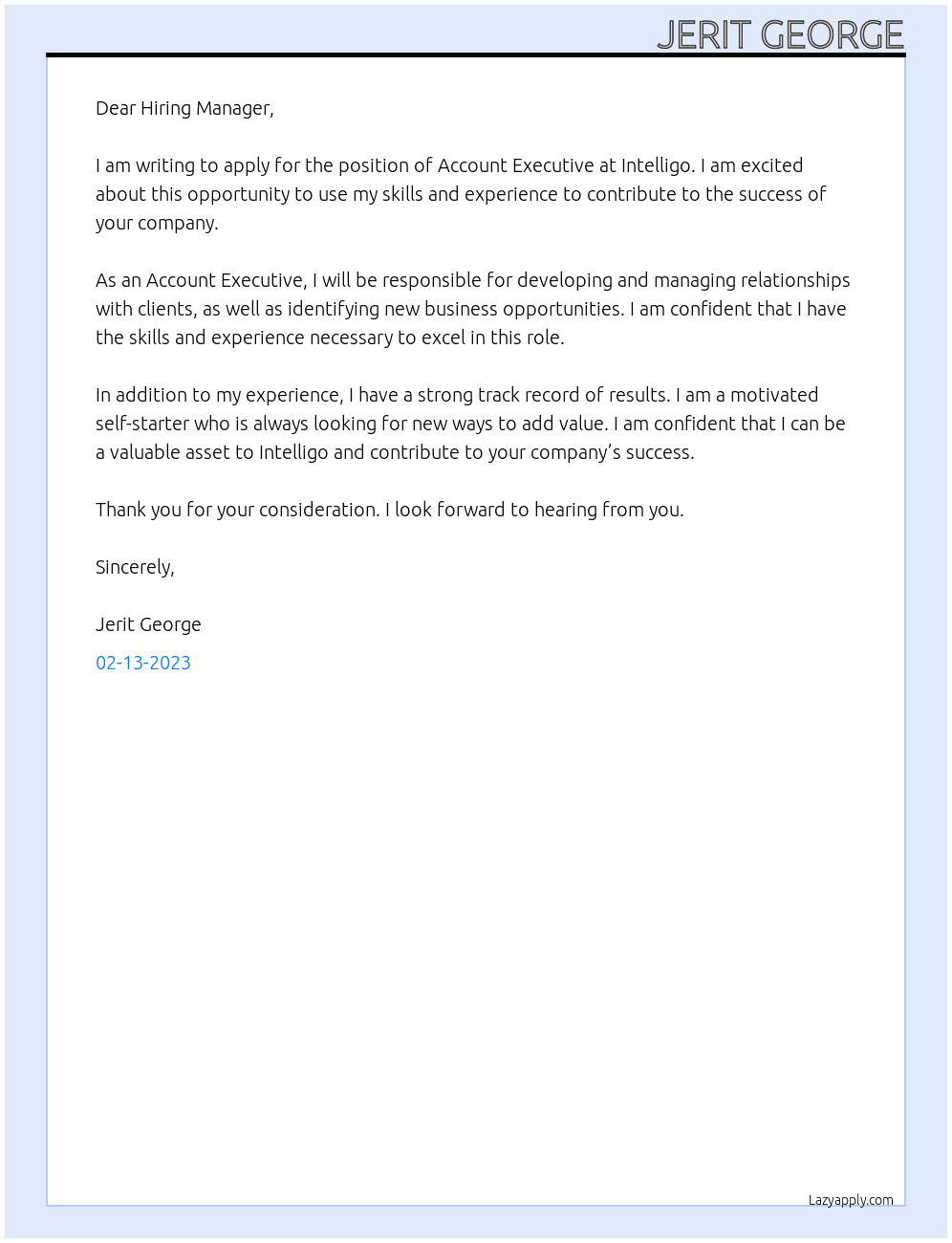 Account Executive At Intelligo Cover Letter