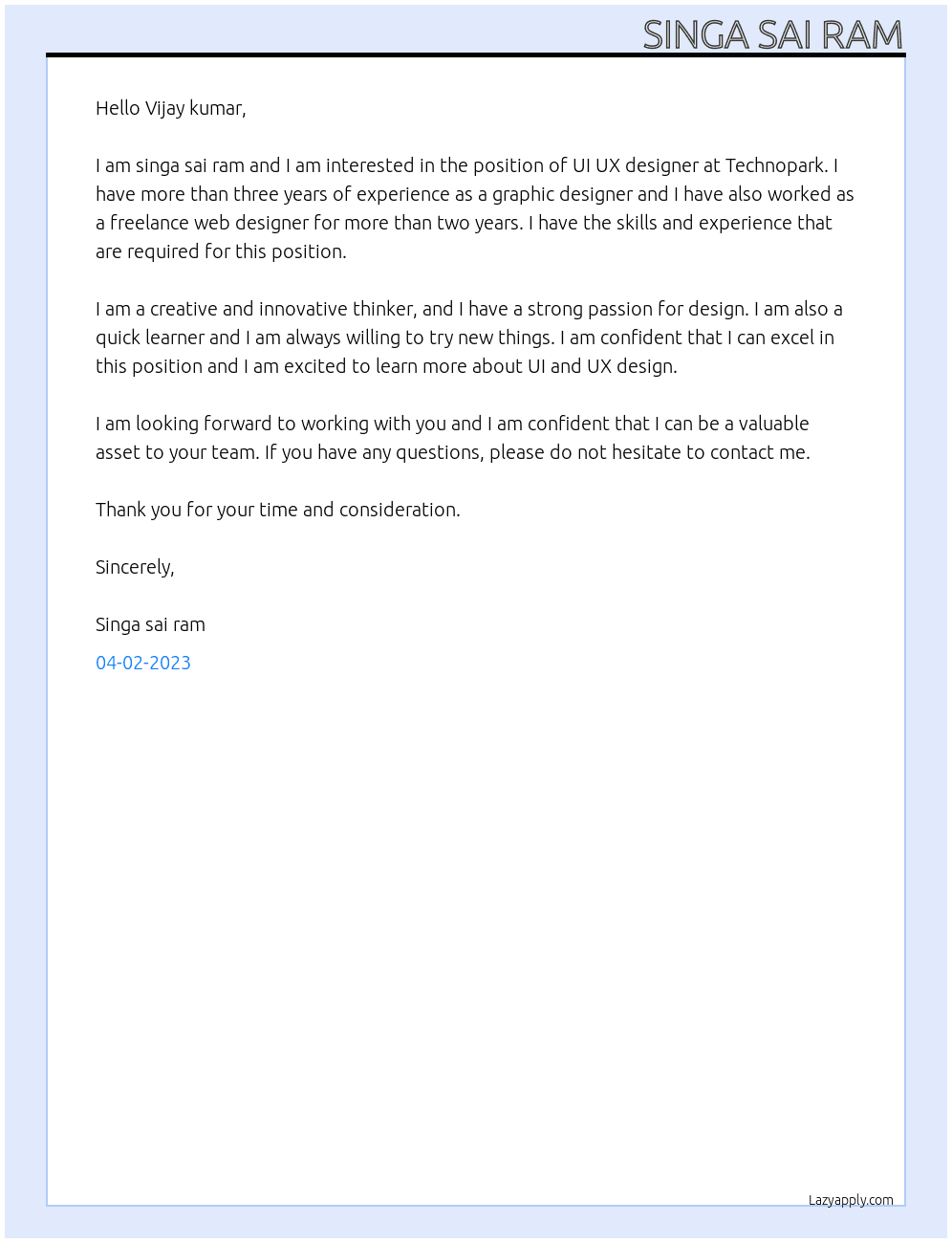 UI UX designer At Technopark Cover Letter