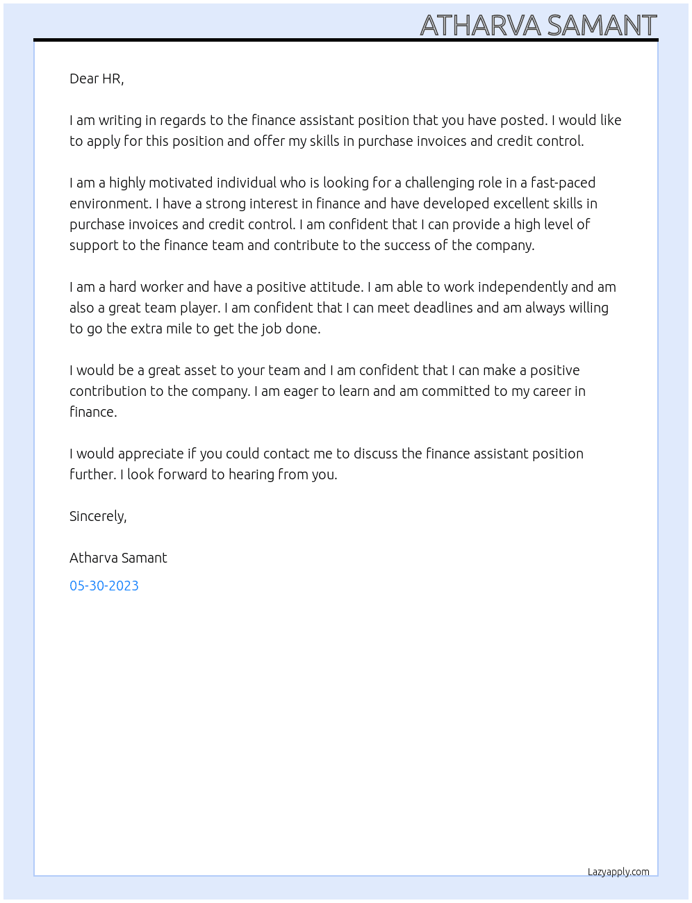 finance assistant At cricket stadium Cover Letter