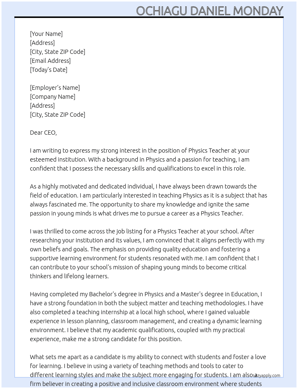 Cover letter for physic teacher - LazyApply