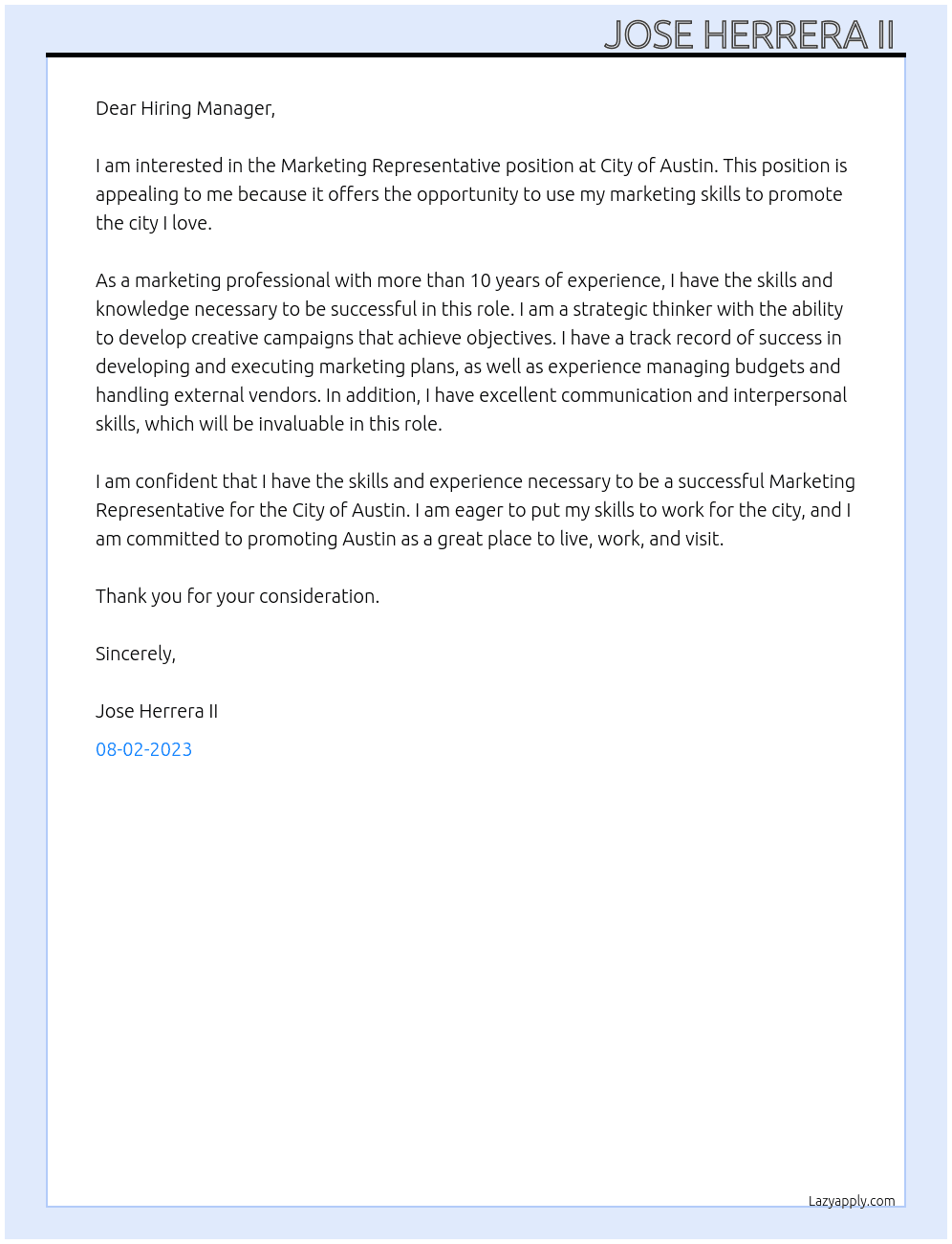 Marketing Representative  At City of Austin  Cover Letter