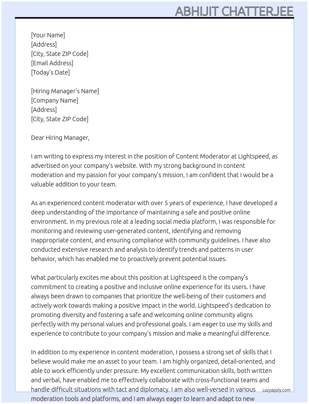 Content moderator  At Lightspeed Cover Letter