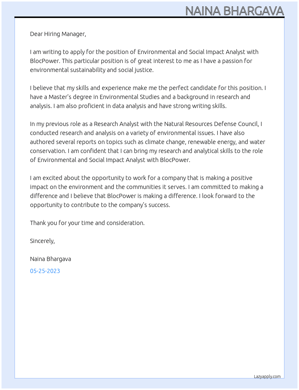 Environmental and Social Impact Analyst At BlocPower Cover Letter