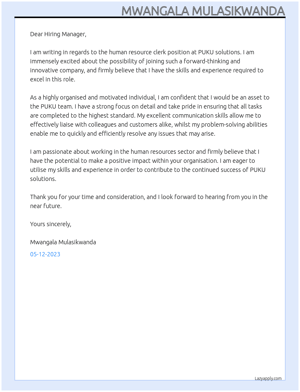 human resource clerk At PUKU solutions Cover Letter