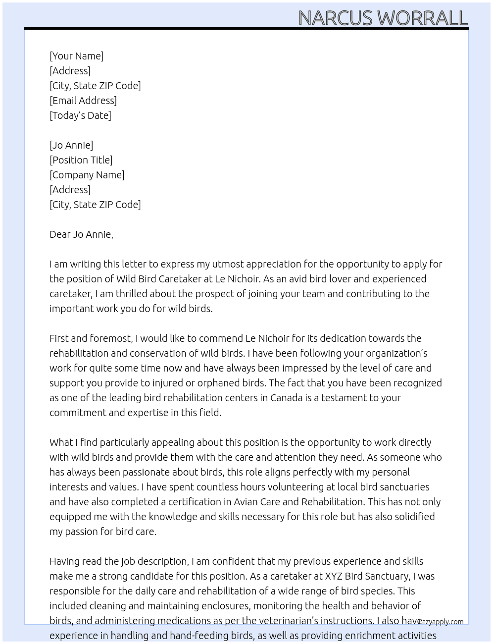 Wild Bird Caretaker At Le Nichoir Cover Letter