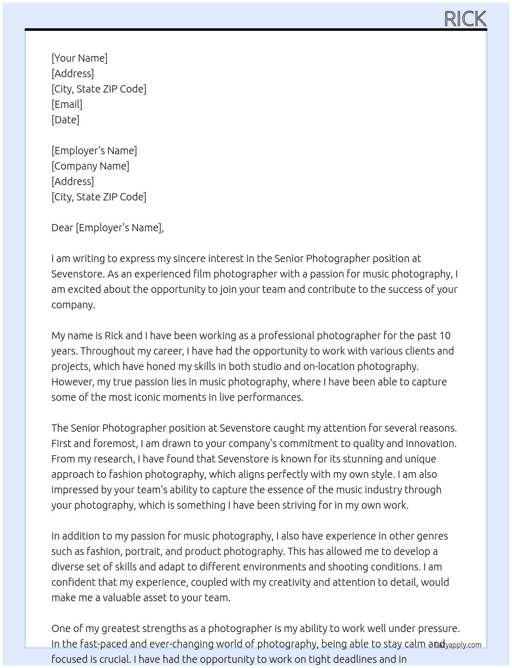 Senior Photographer At Sevenstore Cover Letter