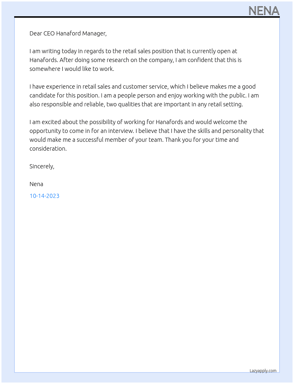 Retail sales  At Hanafords  Cover Letter