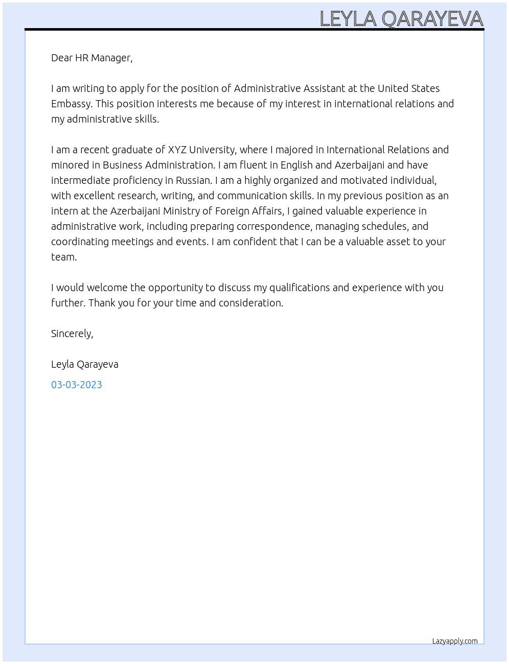 Administrative Asistant At United States Embassy Cover Letter