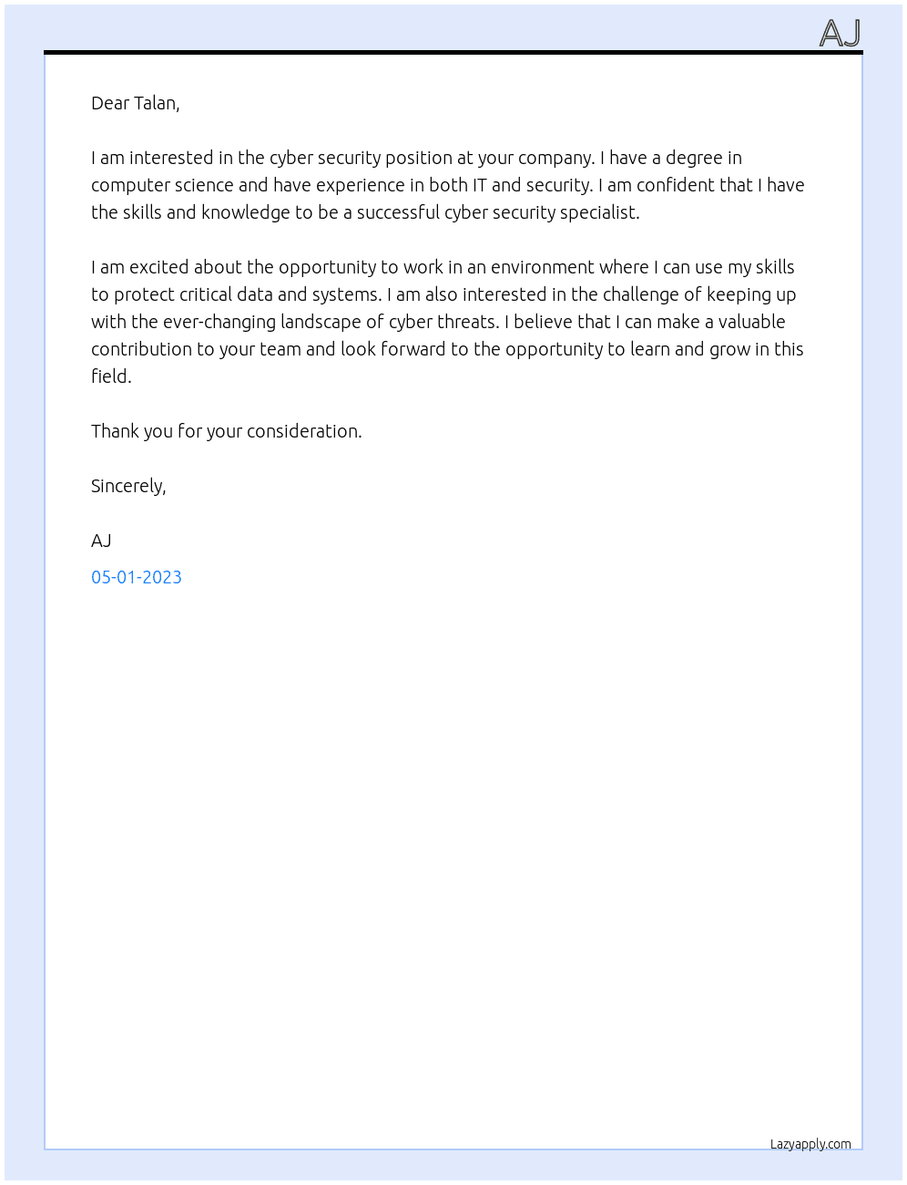 cyber security At talan Cover Letter