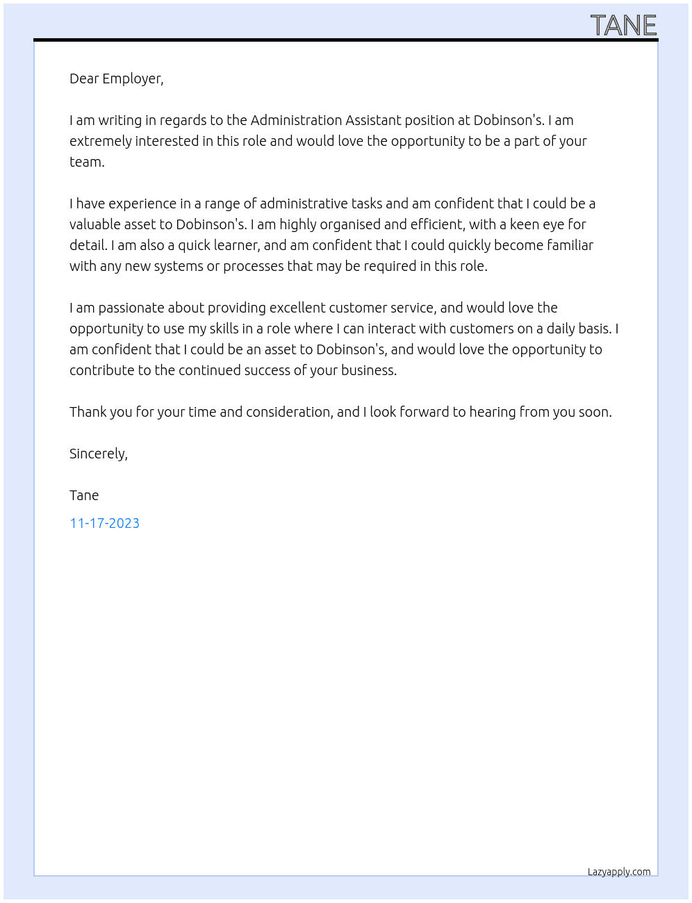 Administration Assistant At Dobinson's Cover Letter