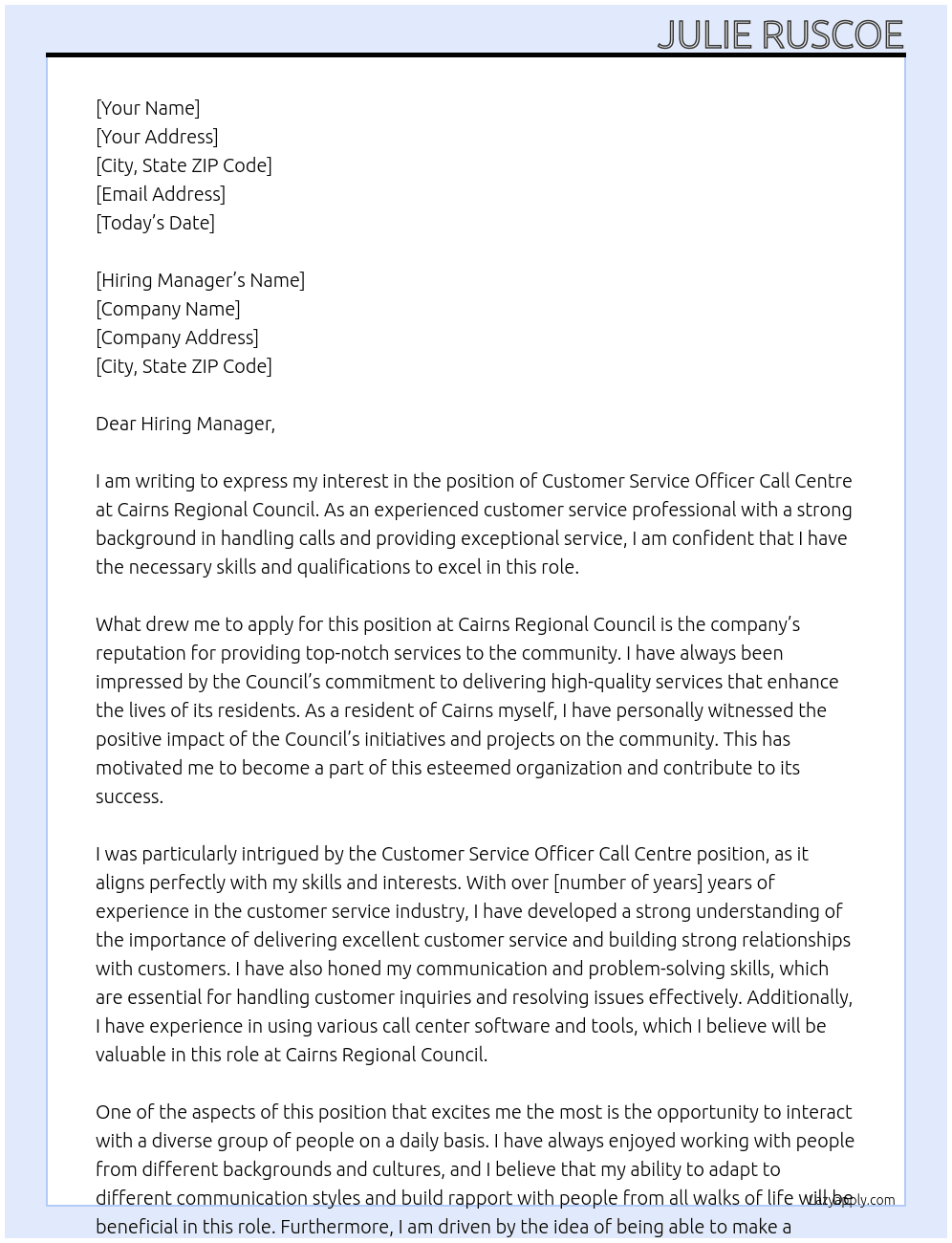 Customer Service Officer Call Centre At Cairns Regional Council Cover Letter
