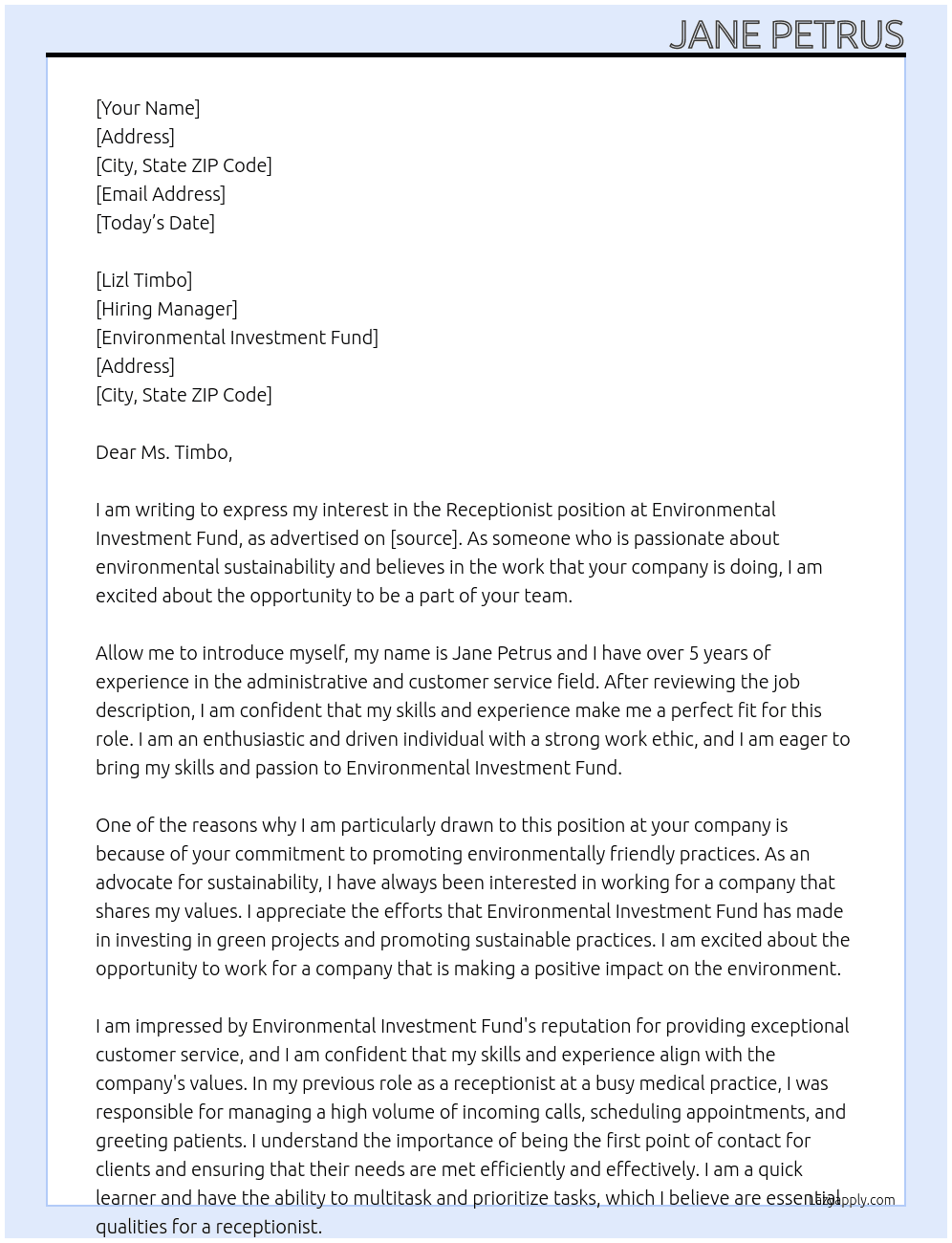 Receptionist  At Environmental Investment Fund Cover Letter