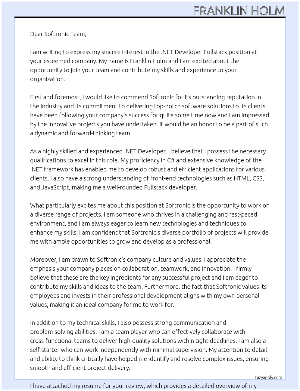 .NET developer Fullstack At Softronic Cover Letter