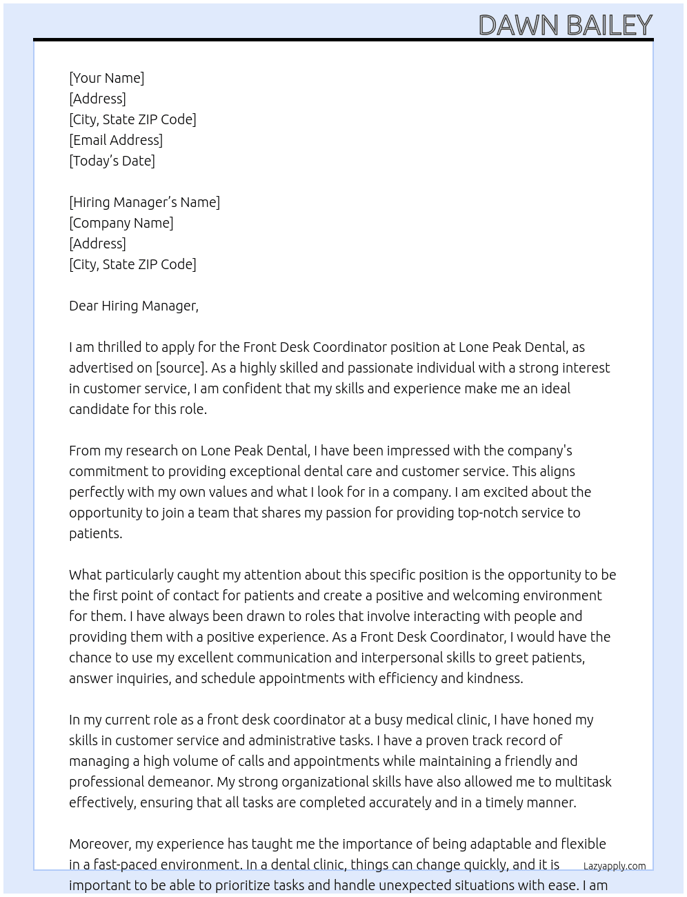 Front Desk Coordinator At Lone Peak Dental Cover Letter