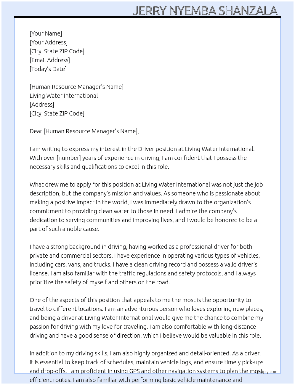 Driver  At Living water international  Cover Letter