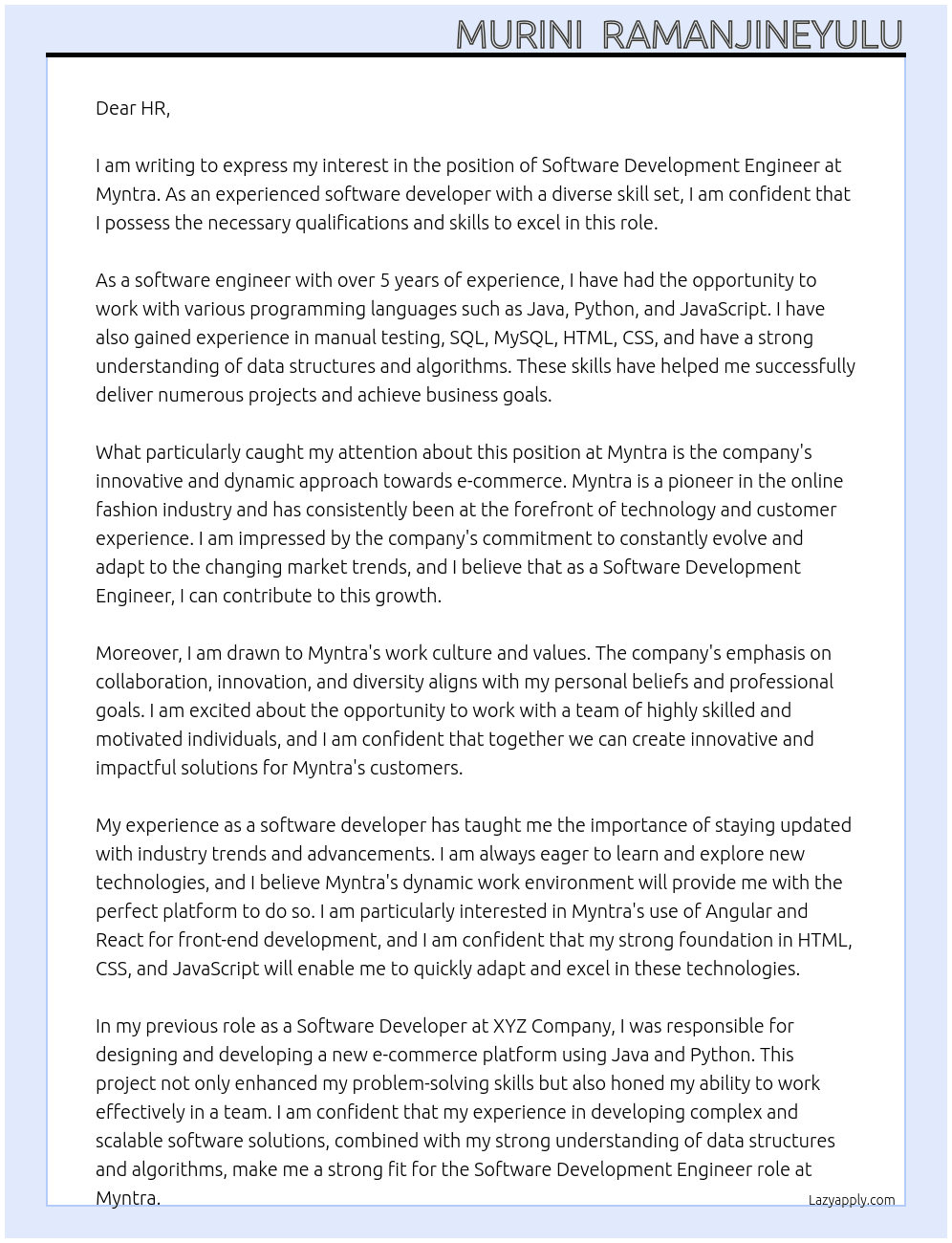 Software Development Engineer  At Myntra  Cover Letter