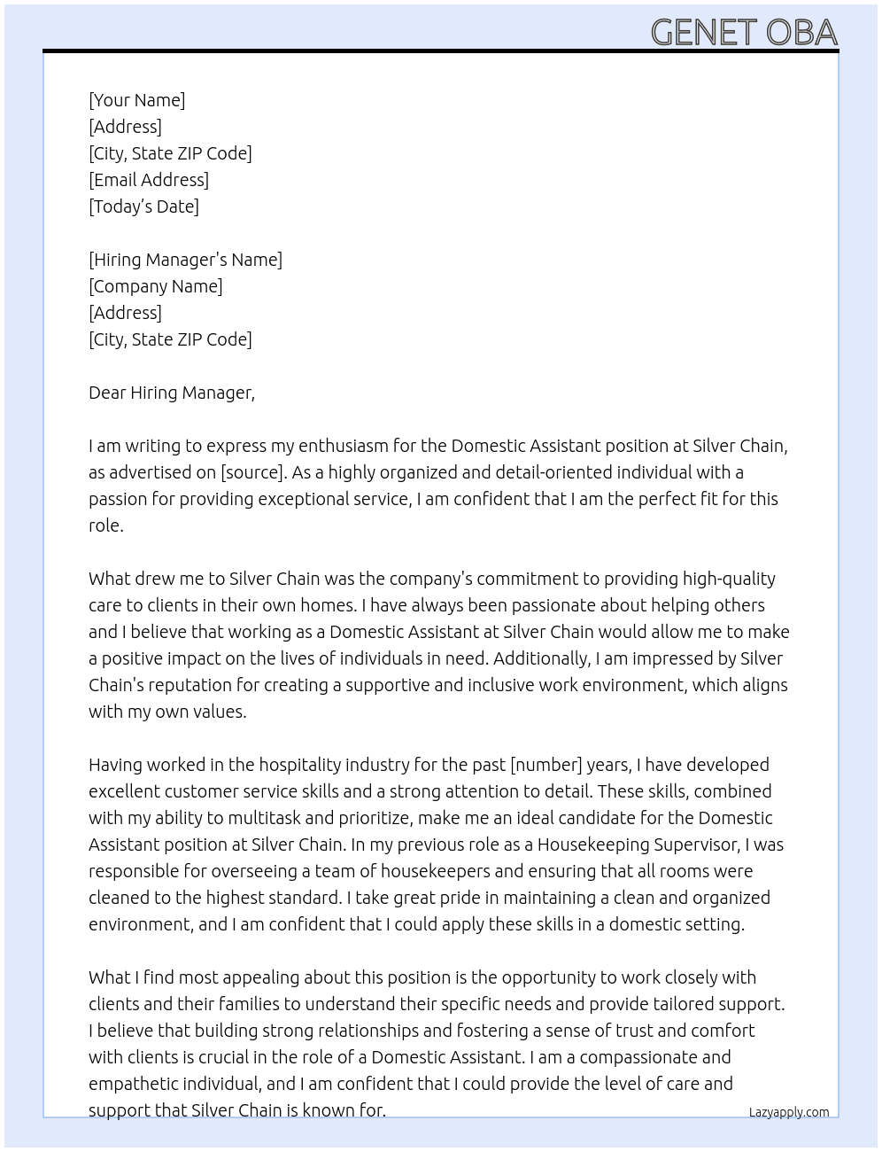 Domestic Assistant At Silver Chain Cover Letter