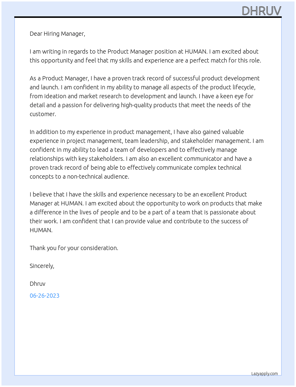 Product Manager At HUMAN Cover Letter