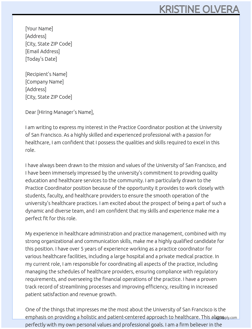 practice coordinator At University of San Francisco Cover Letter