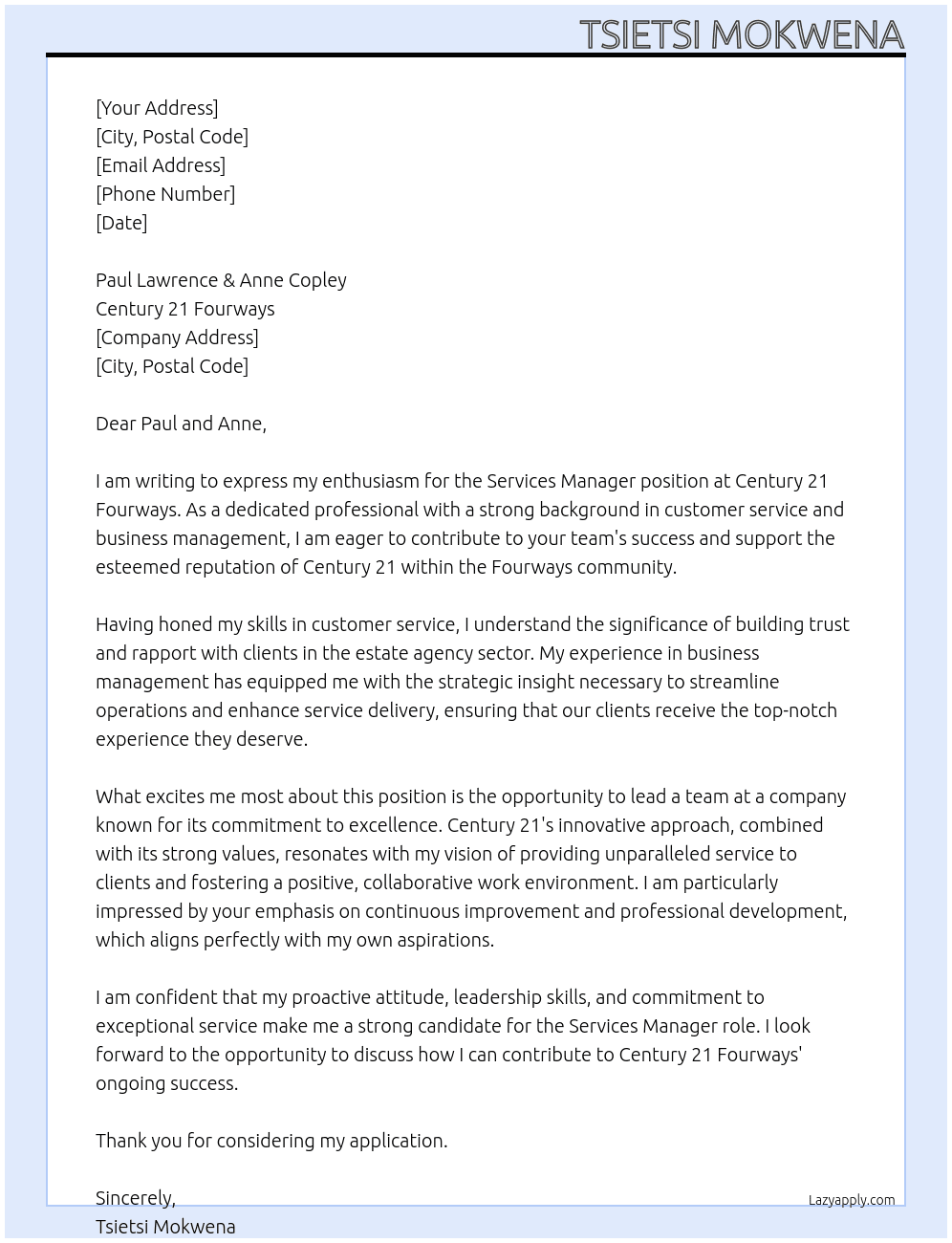 Cover letter for services manager - LazyApply