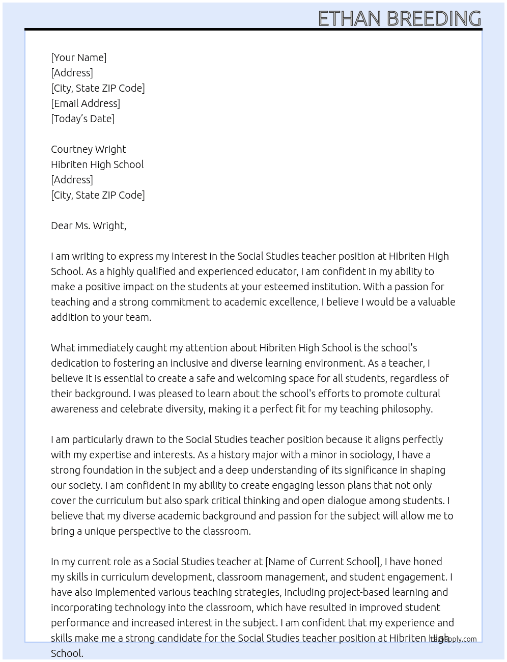 Social Studies teacher At Hibriten High School  Cover Letter