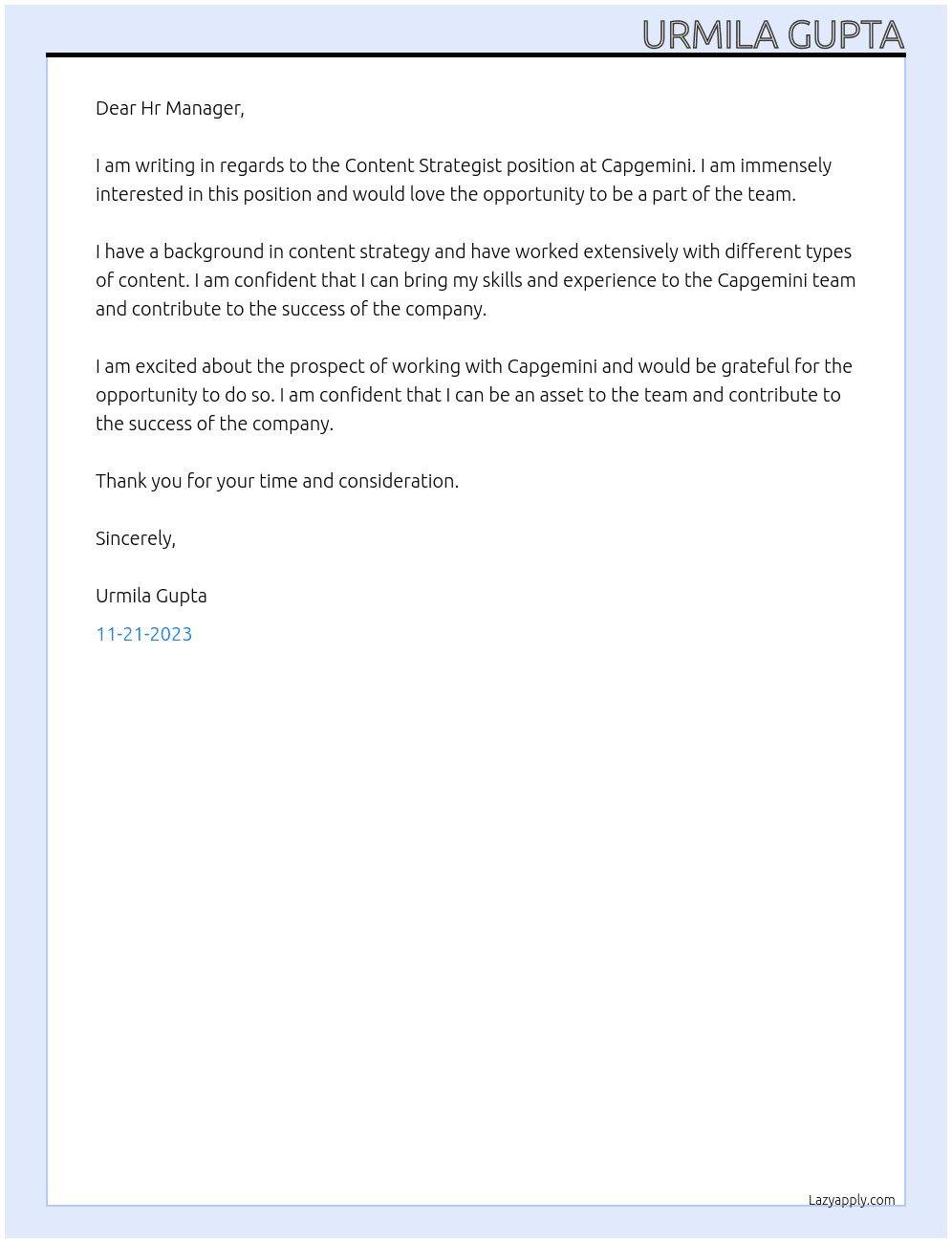 Content Strategist At Capgemini Cover Letter
