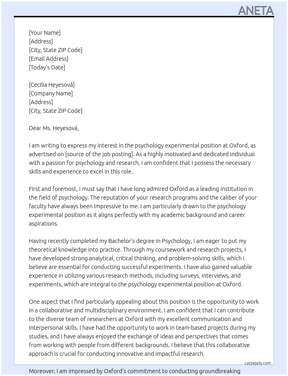 psychology experimental At Oxford Cover Letter