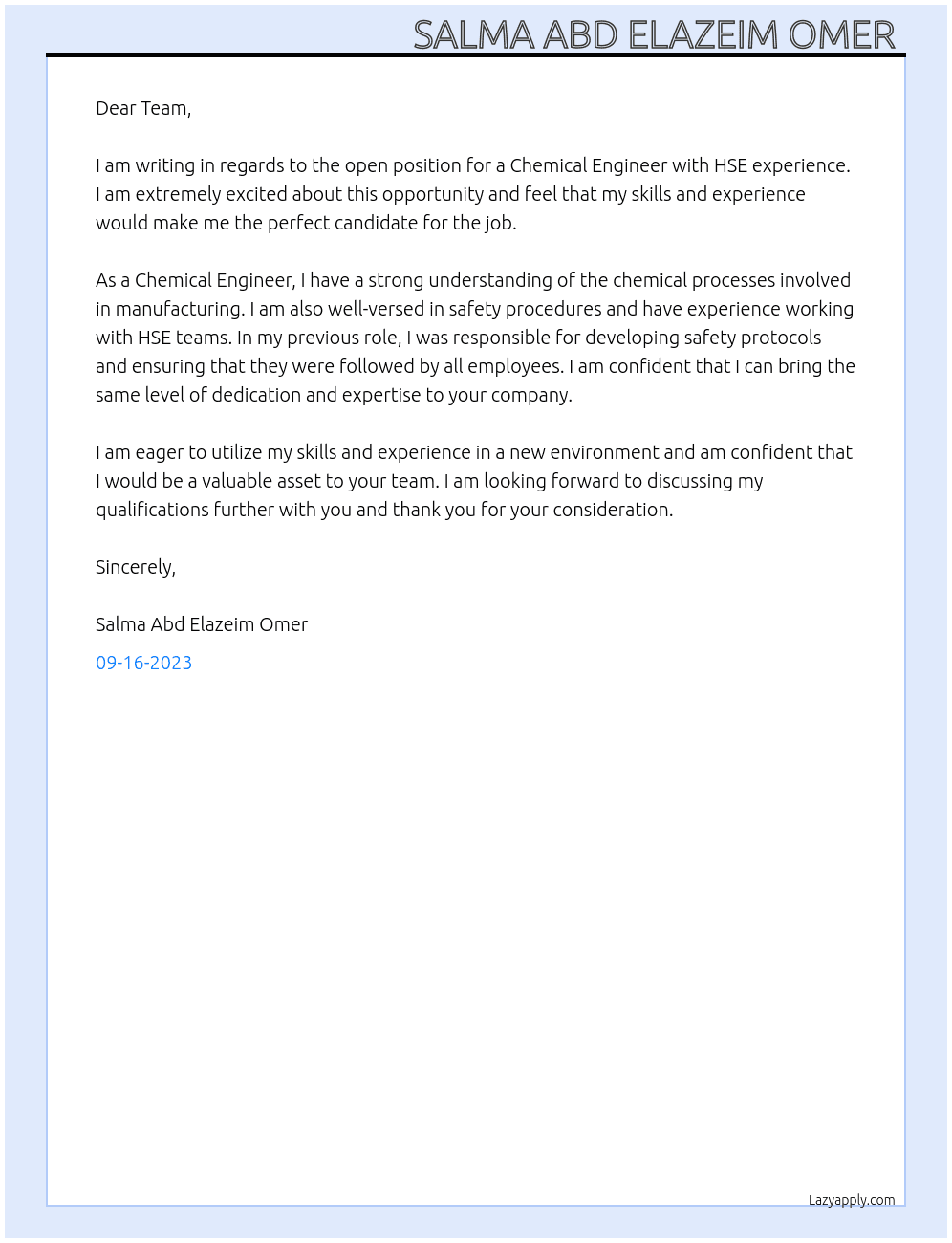 Camical engineer. HSE  At I don't no Cover Letter