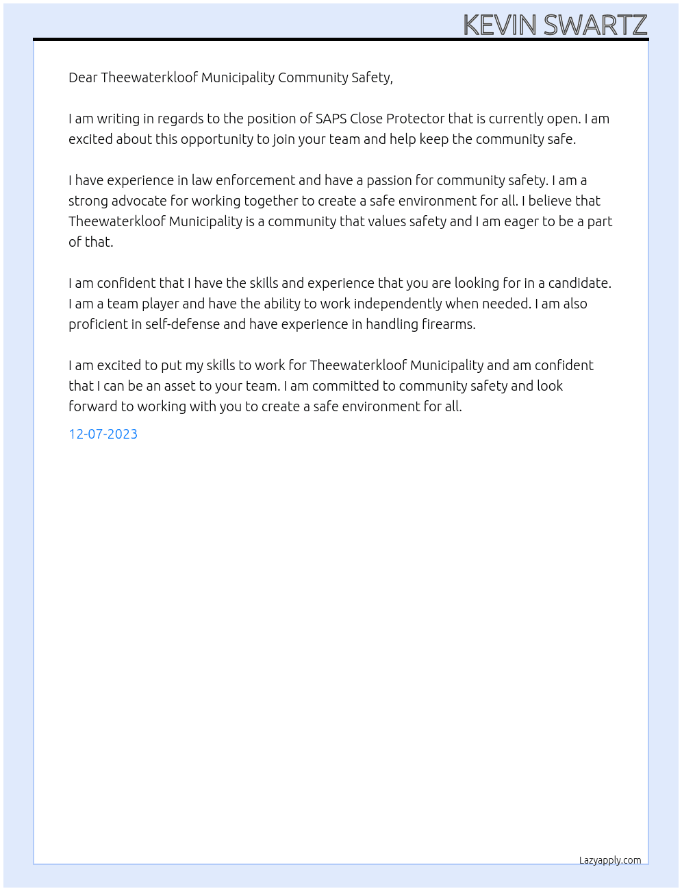 SAPS Close Protector At Theewaterkloof Municipality, Community Safety Cover Letter