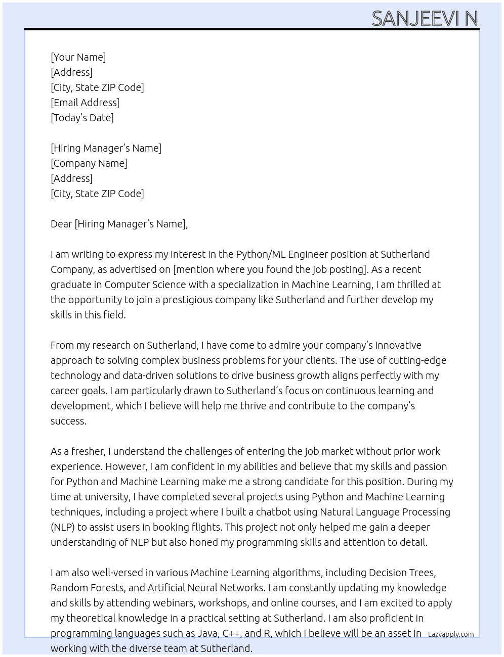Python/ML engineer as fresher  At Sutherland company  Cover Letter