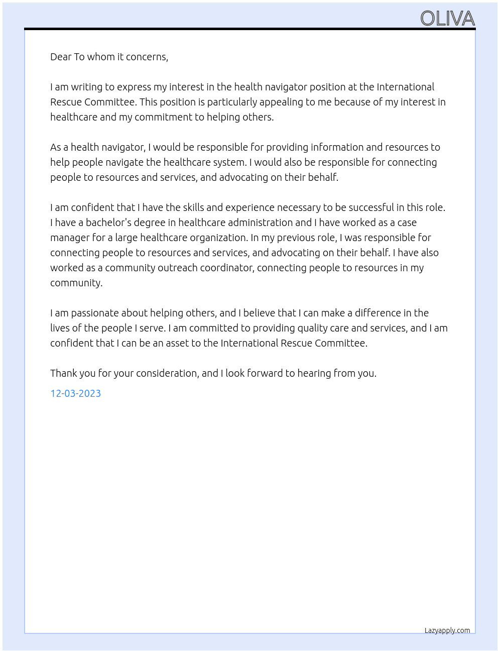 health navigator At International Rescue Committee  Cover Letter
