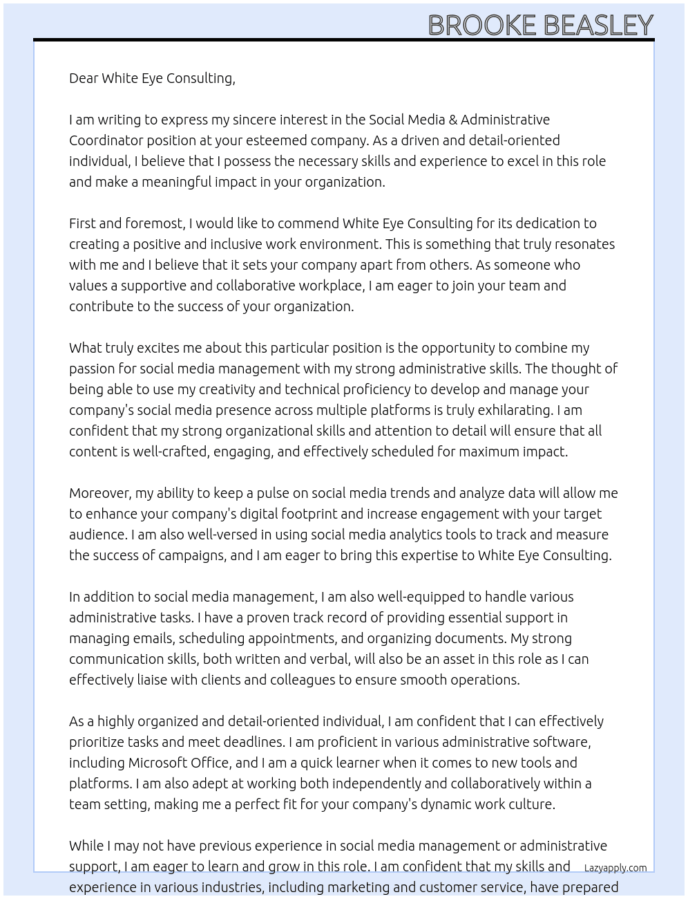 Social Media & Administrative Coordinator At White Eye Consulting Cover Letter