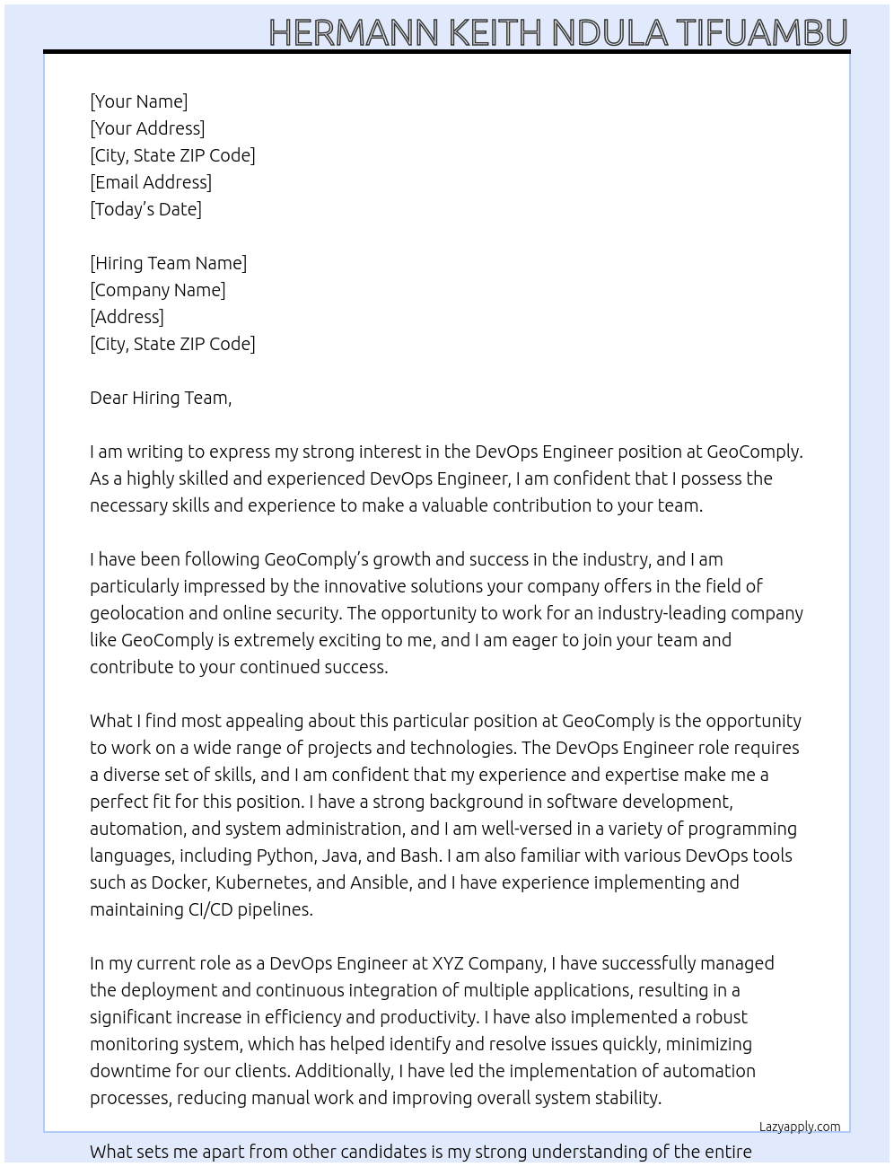 DevOps Engineer At GeoComply Cover Letter