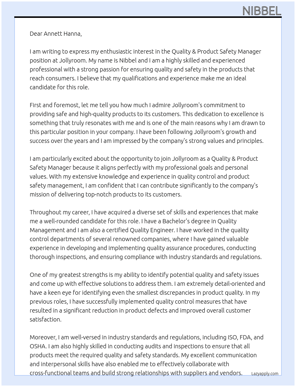 Quality & Product Safety Manager At Jollyroom Cover Letter