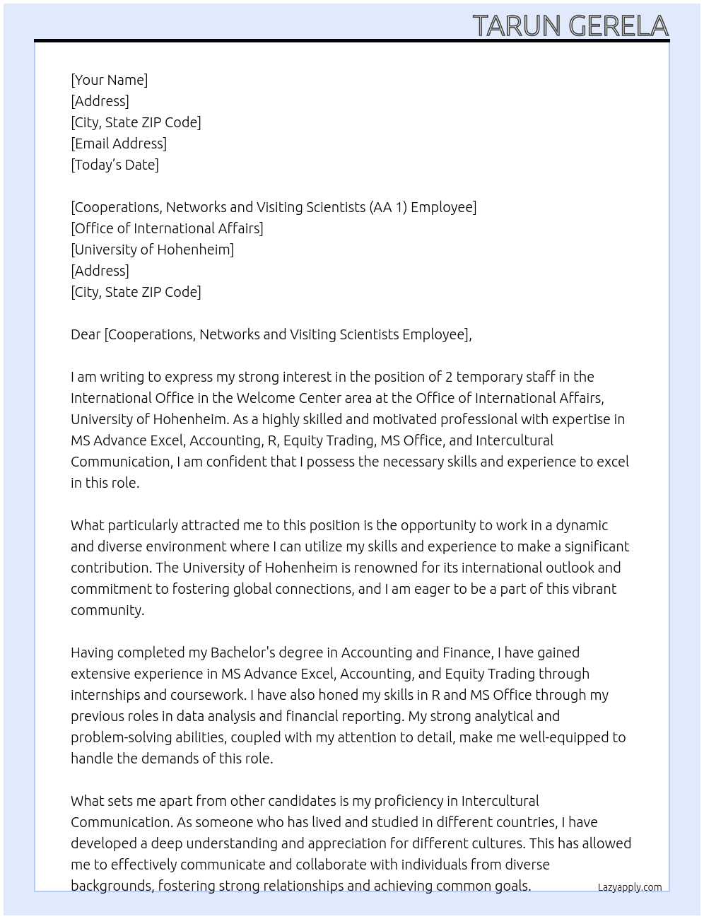 Cover letter for 2 temporary staff in the international office in the welcome center area - LazyApply