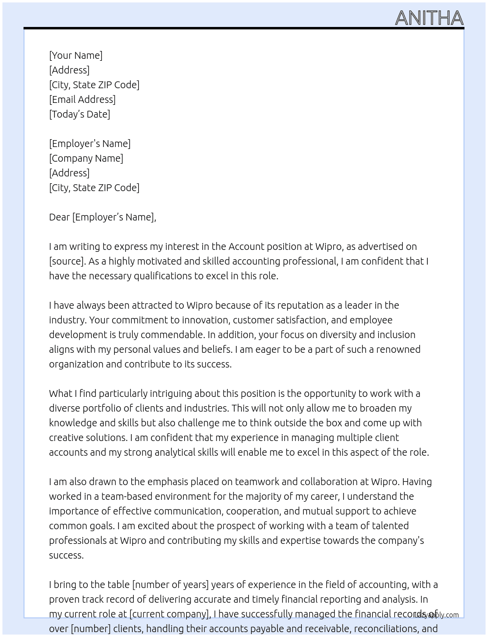 Account  At Wipro  Cover Letter