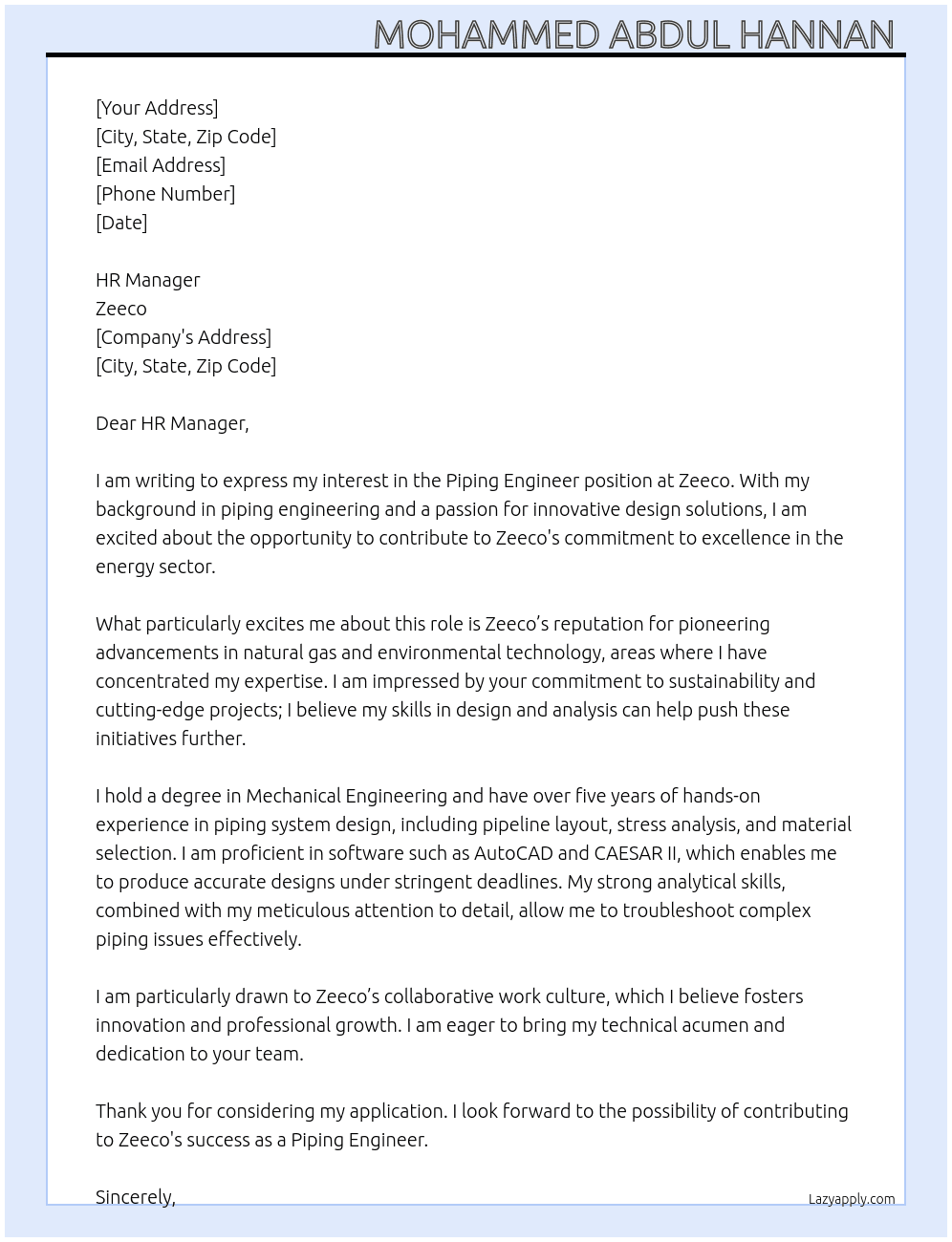 Piping engineer At Zeeco Cover Letter