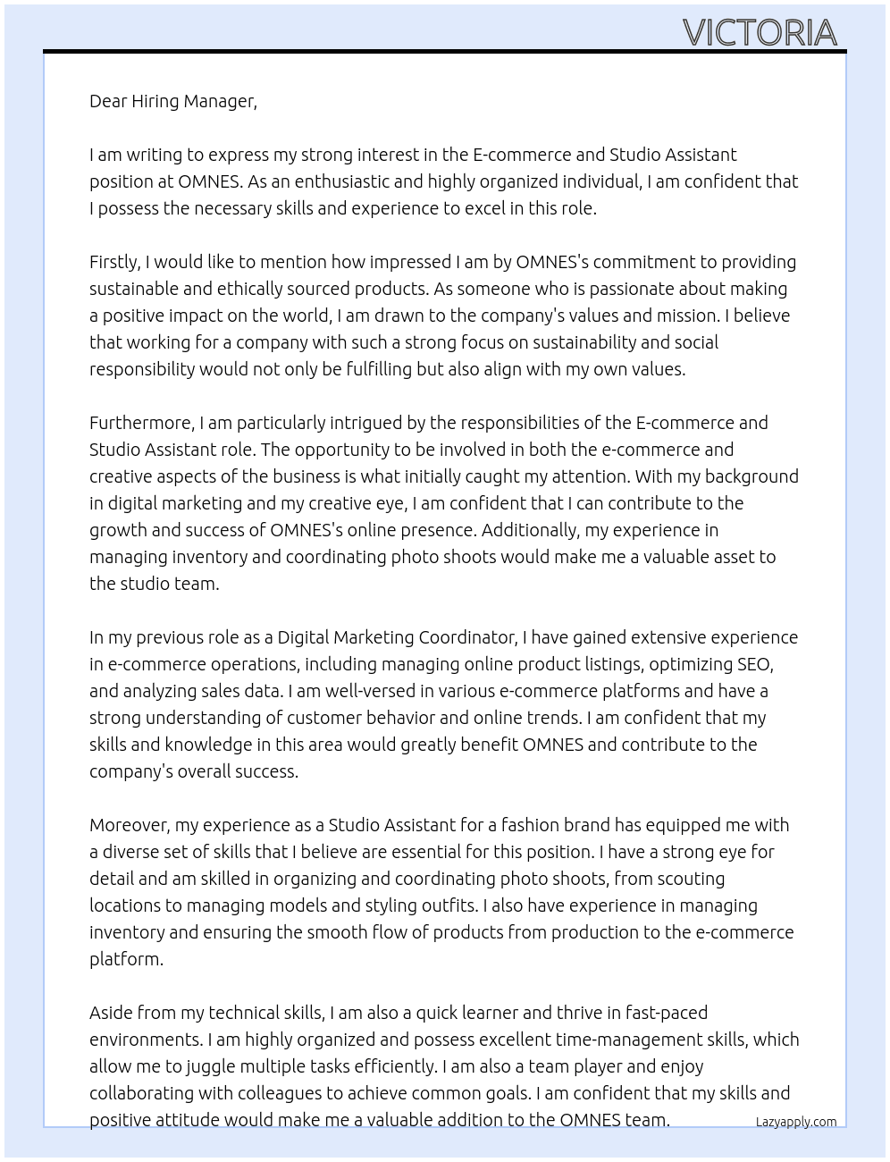 E-commerce and Studio Assistant At OMNES Cover Letter