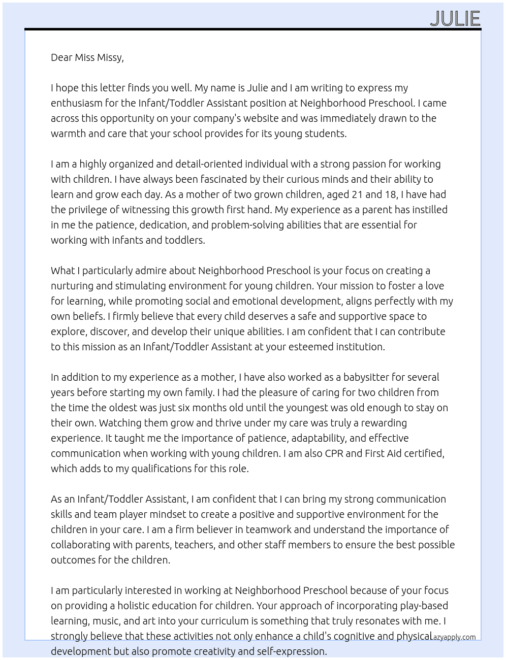 Infant/toddler assistant At Neighborhood preschool Cover Letter