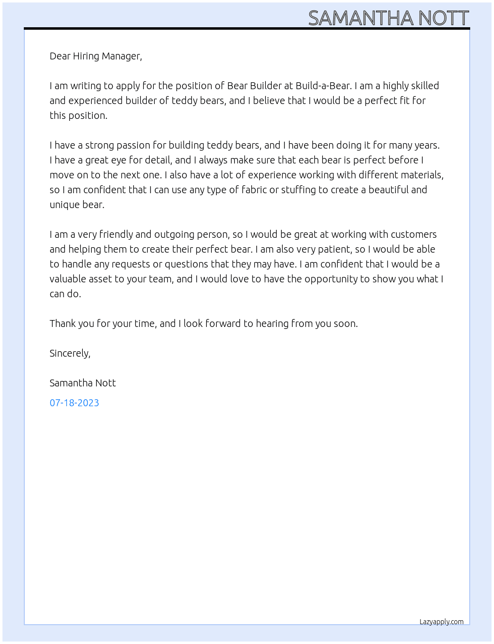 Bear builder  At Build-a-beae Cover Letter
