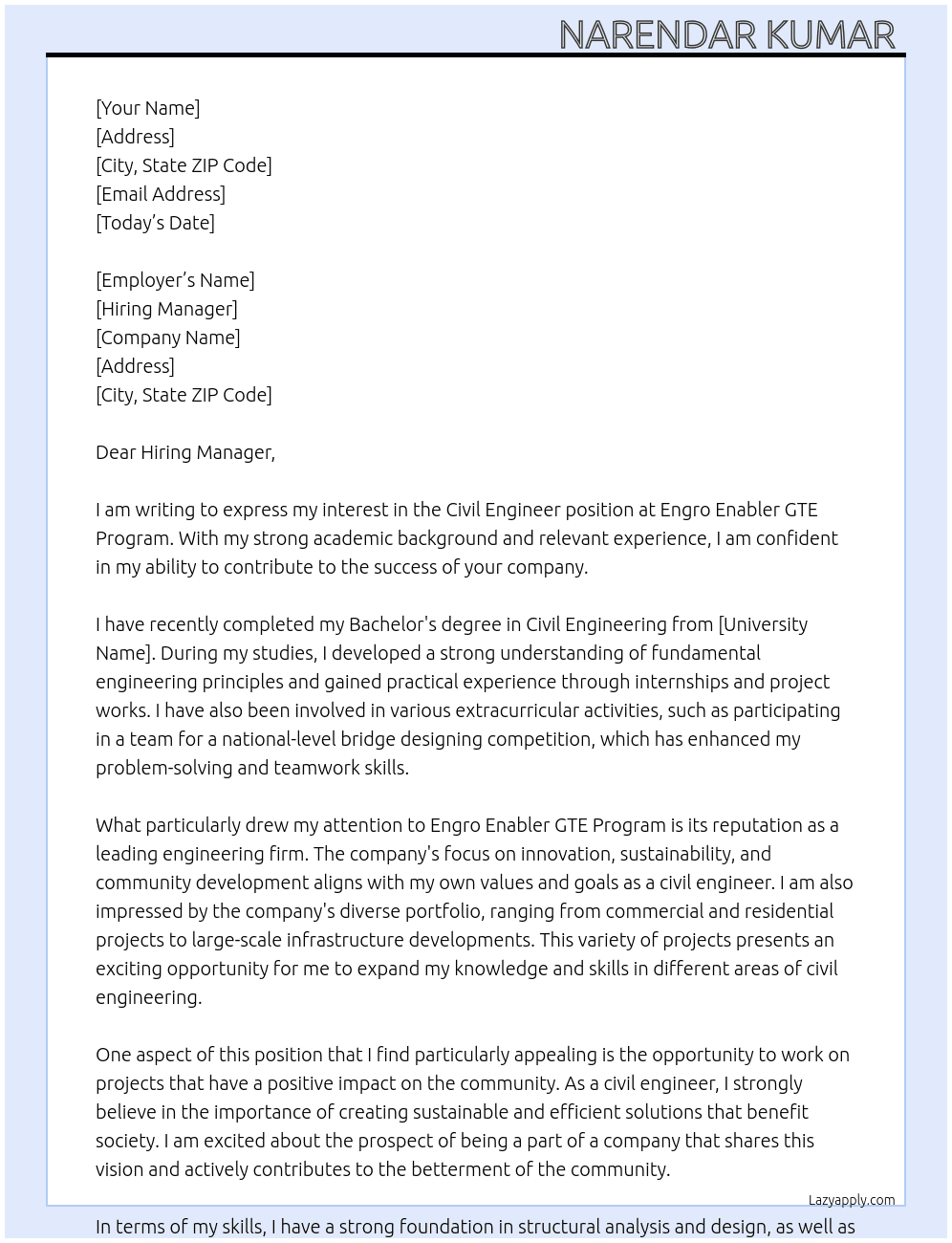 Civil engineer  At Engro enabler GTE program  Cover Letter