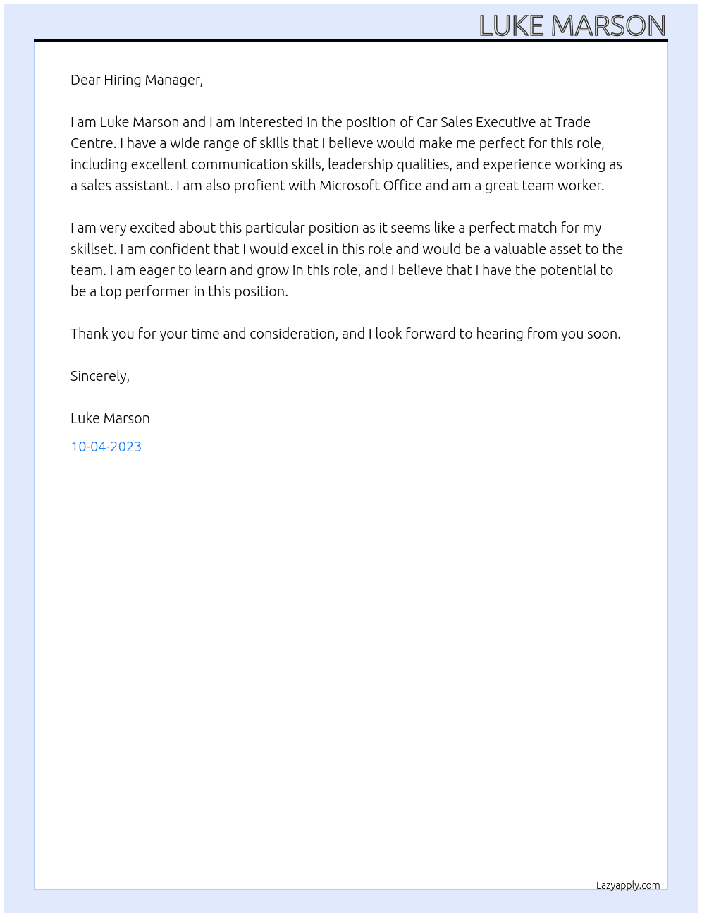 Car Sales Exectuive At Trade Centre Cover Letter