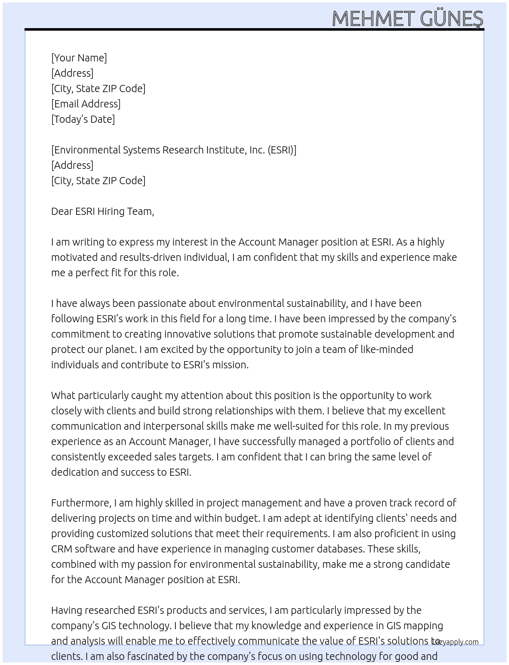 Account Manager At Esri Cover Letter