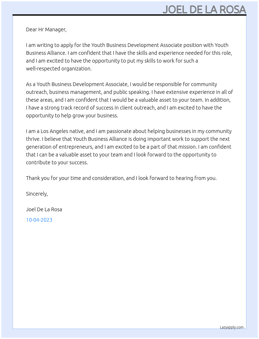 Youth Business Development Associate At Youth Business Alliance Cover Letter