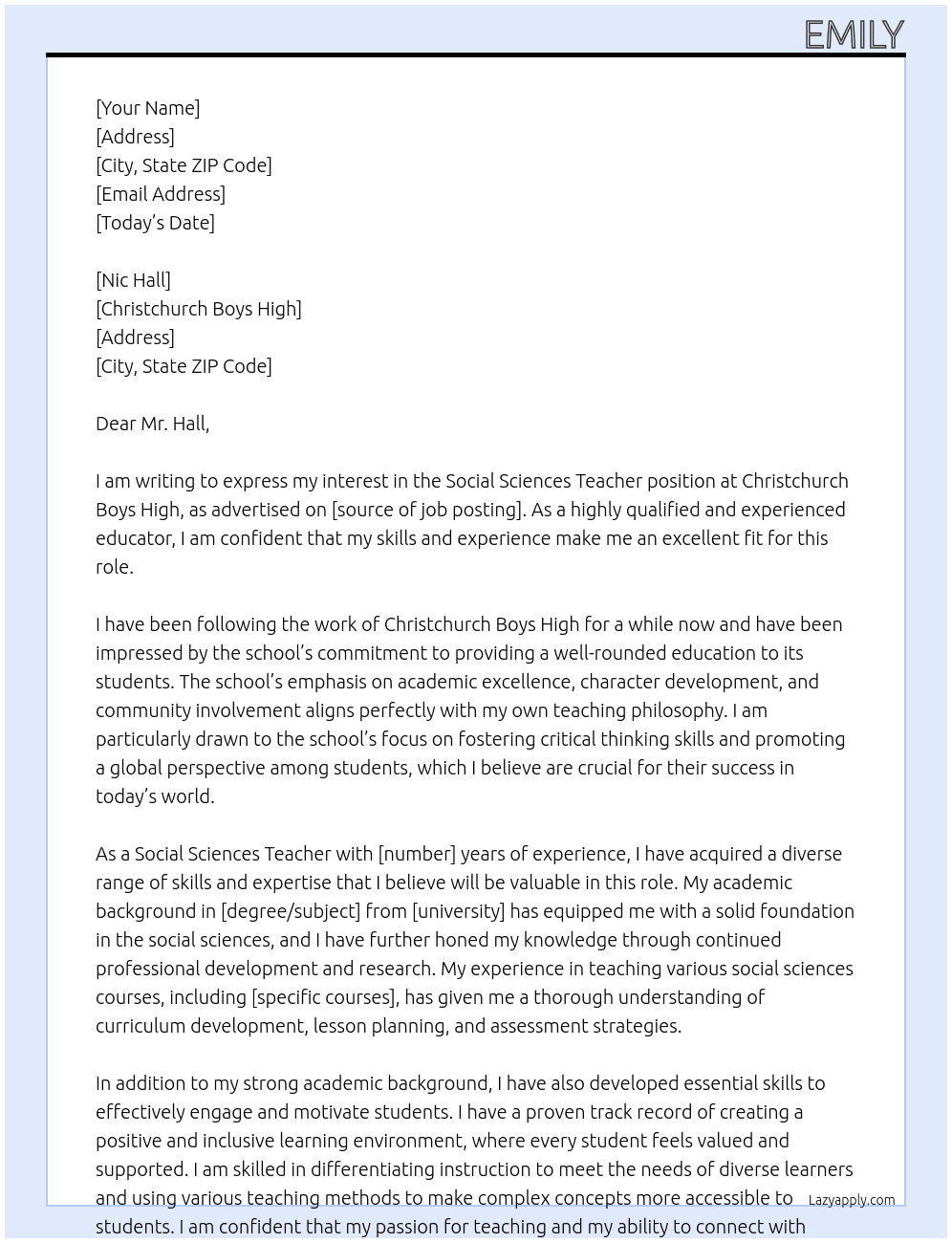 social sciences teacher  At Christchurch Boys High Cover Letter